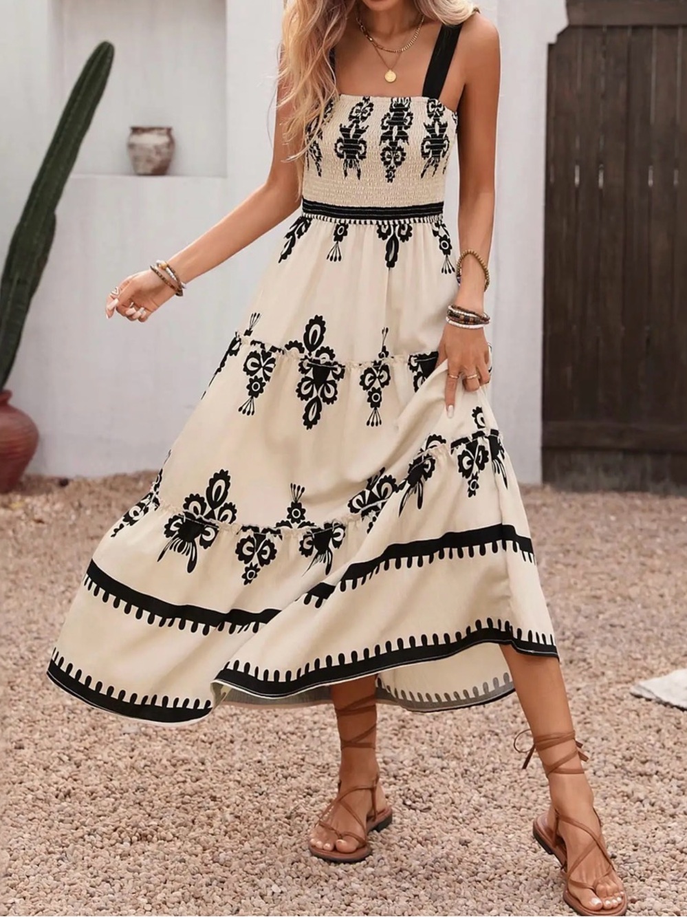 NWT Bohemian Cream Midi Dress with Black Embroidery
